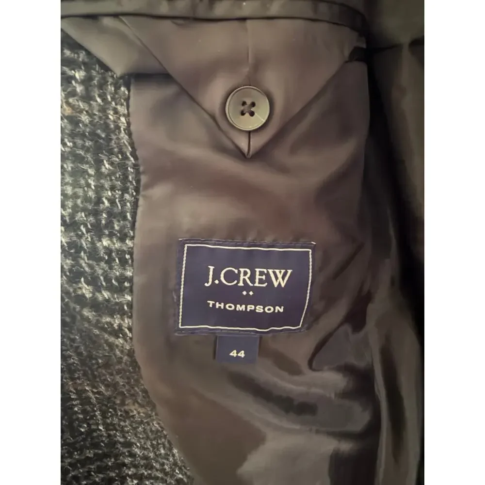 J.Crew Thompson Coat Mens 44 Gray Black Plaid Wool Blend Tweed Overcoat Lined